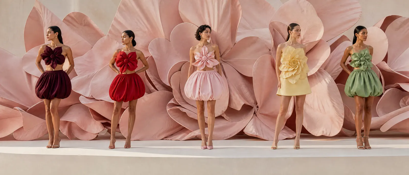 Fünf Looks in Weinrot, Kirschrot, Rosa, Buttergelb und Salbei vor einer riesigen Stoffblüte