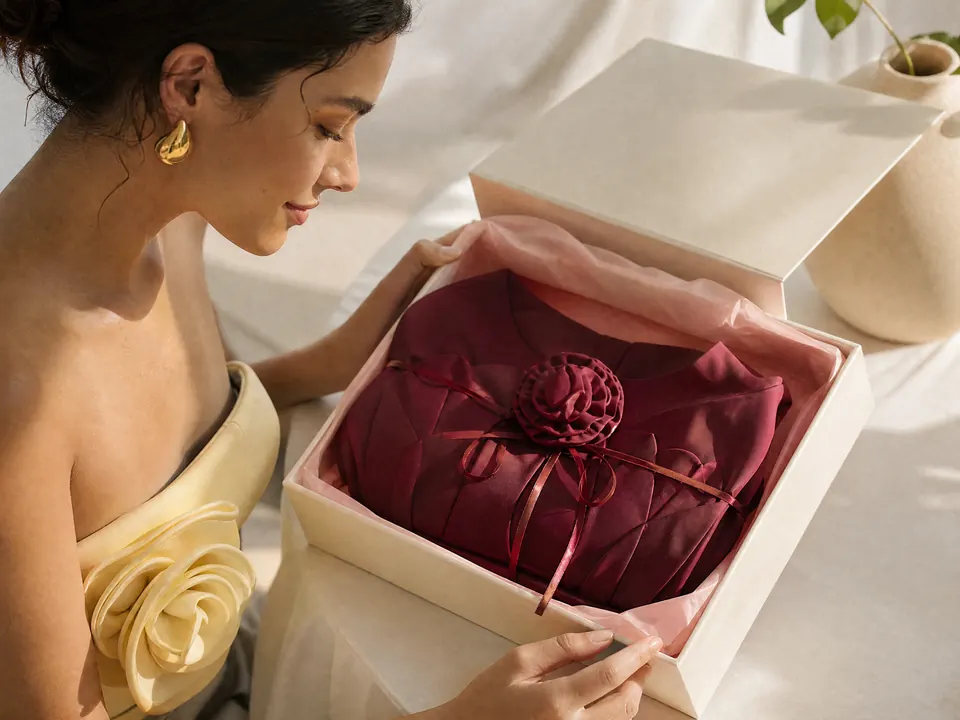 SELQORRA Bestellung in cremefarbener Box mit rosa Seidenpapier
