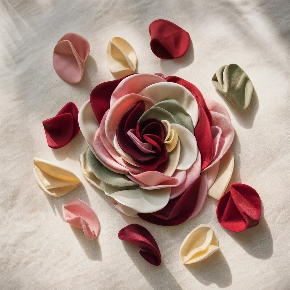 Spirale aus Stoffblättern in Weinrot, Kirschrot, Rosa, Creme und Salbei