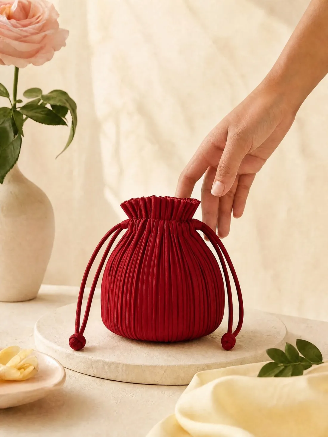 Pleated Rose Drawstring Bag — Back