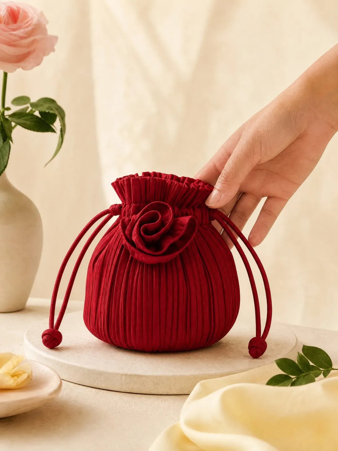 Pleated Rose Drawstring Bag — Detail