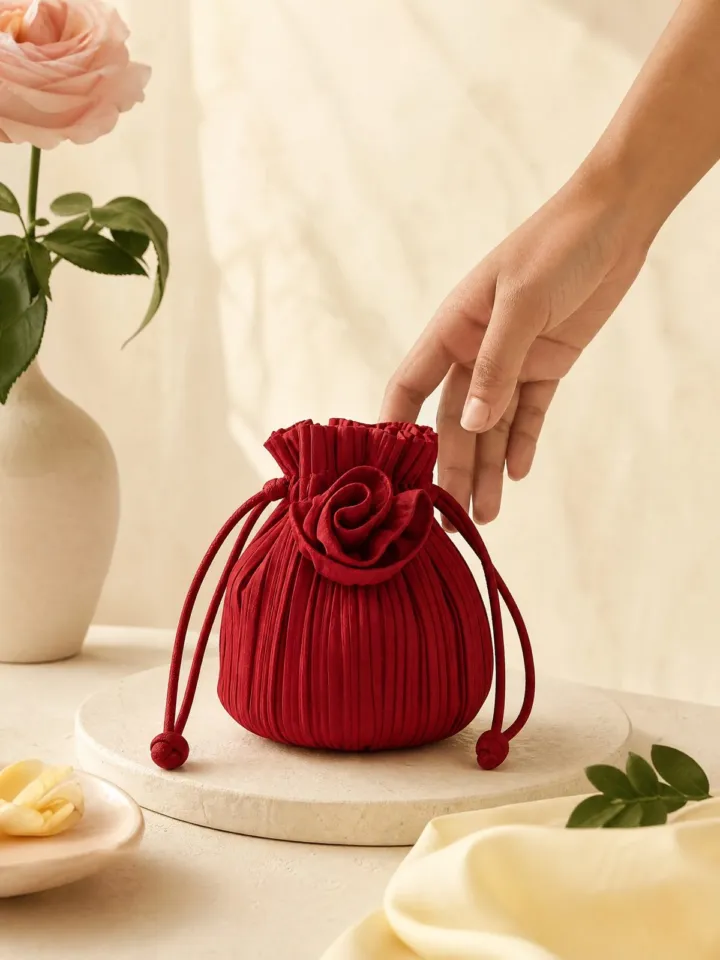 Pleated Rose Drawstring Bag